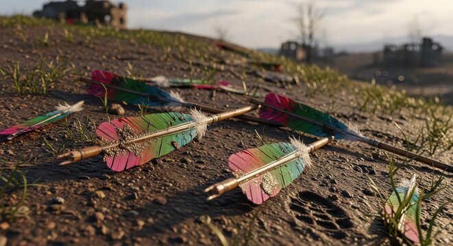 Scattered Colorful Feathers on Arrows Lying on the Ground with Ruined Buildings in the Background