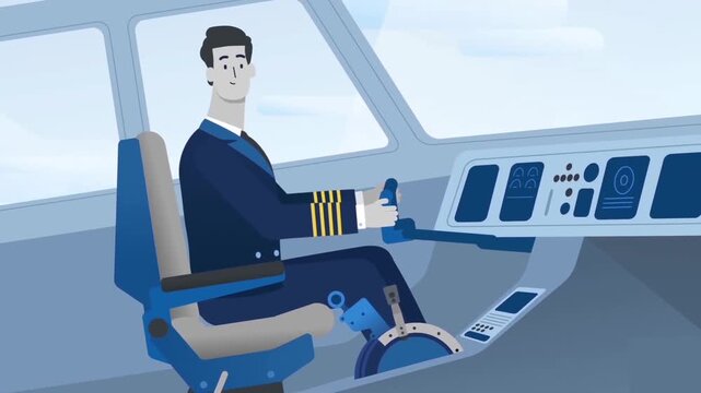 Animated Airline Captain In Cockpit Flying Plane View Graphic For Aviation Training, Travel Ads, And Flight Simulator