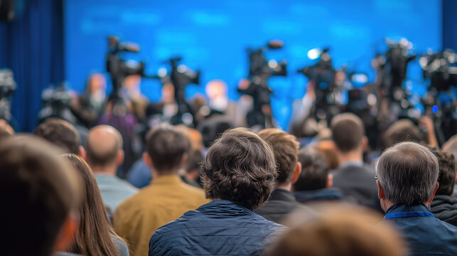 A crowd of reporters and film crews in a blue studio during a government announcement. Concept of political transparency, news reporting, and media freedom.