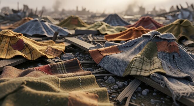 Scattered patched blankets covering rubble in a desolate war-torn landscape, representing hardship and survival