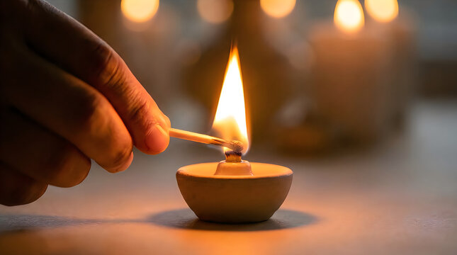 Hand lighting a small oil lamp with a wooden match illustration