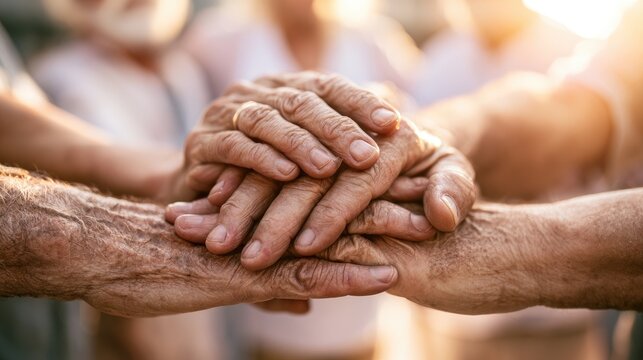 Elderly hands interlaced, symbolizing unity, support, and shared experience