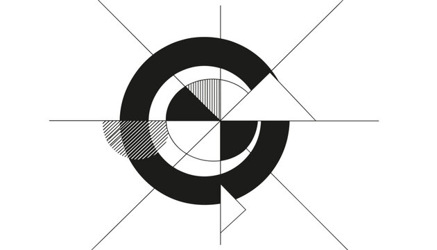 Geometric abstract composition of lines, semi circles, and triangles resembling a technical drawing or a compass.