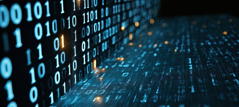 Blue binary code cascades into a dark, digital abyss with scattered orange embers