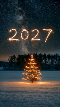 Sparkling 2027 text above illuminated Christmas tree under Milky Way night sky, magical winter New Year celebration, vertical holiday background