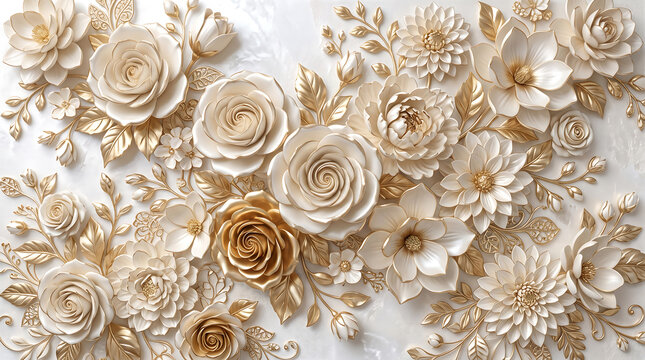 Gold floral ornament with white and cream colored blossoms 3d rendering