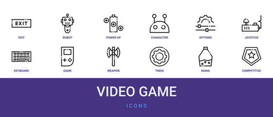 Set of 12 outline web Video Game icons such as Competitive, mana, tings, weapon, game, keyboard, joystick vector icons for report, presentation, diagram, web design, mobile app © Izzat
