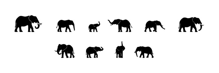 Fototapeta premium Elephants in Various Poses as Black Silhouettes Featuring Elephant, Silhouette, Animal with Wildlife and Nature Elements
