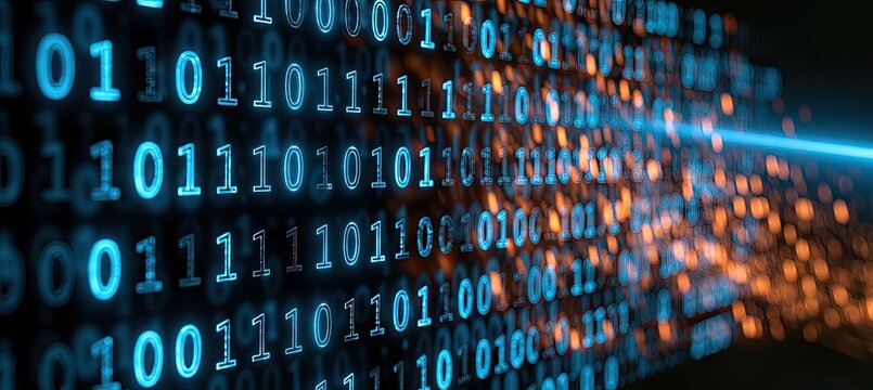 Rows of glowing blue binary code cascade against a dark background with orange bokeh