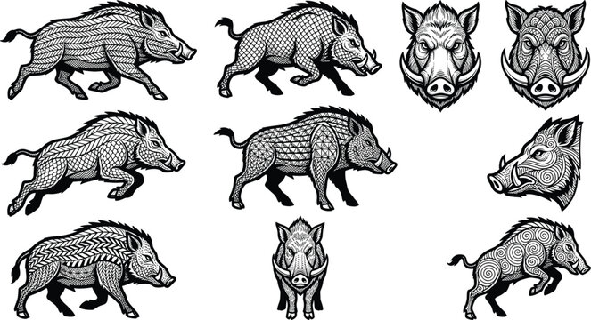 Detailed Wild Boar Vector Icon Set Featuring Hand Drawn Zentangle Textured Razorback Hog and Wild Pig Illustrations for Sports Mascots Logos and Tattoos