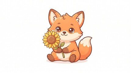 Fototapeta premium Cute Baby Fox Holding Sunflower Cartoon Illustration Isolated on White Background
