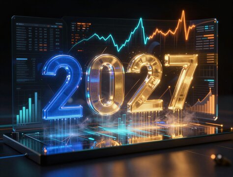 2027 glowing numbers displayed above futuristic financial dashboard