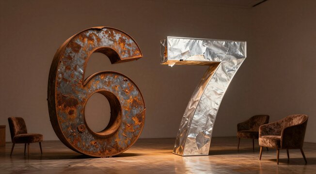 Large metallic numbers 6 and 7 standing in gallery room with chairs