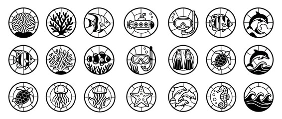 Set of Round Marine Life Icons in Minimalist Line Art © Faqih Arsilano