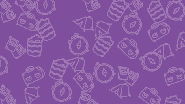 Multiple sketched tents, compasses, travel bags, and travel icons on a purple background. Aesthetic patterns suitable for travelrelated design projects.
