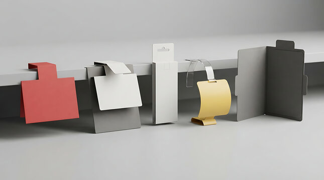 Five assorted blank retail shelf talkers and product tags in red, white, yellow, and gray colors