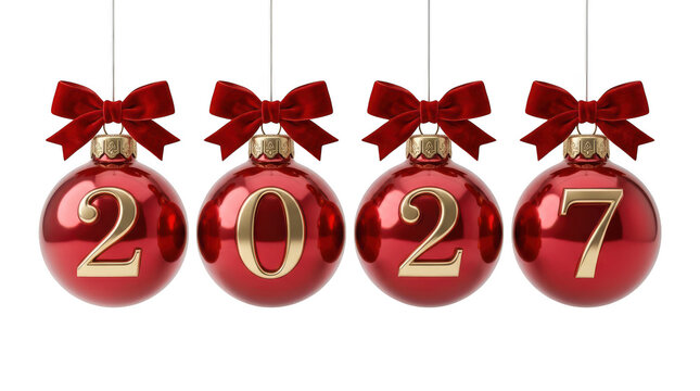 Four red christmas ornaments showing the year 2027 with bows isolated on transparent background