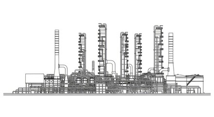 Obraz premium A detailed architectural drawing depicts a large petrochemical plant. The drawing shows multiple tall distillation columns arranged in a complex layout.