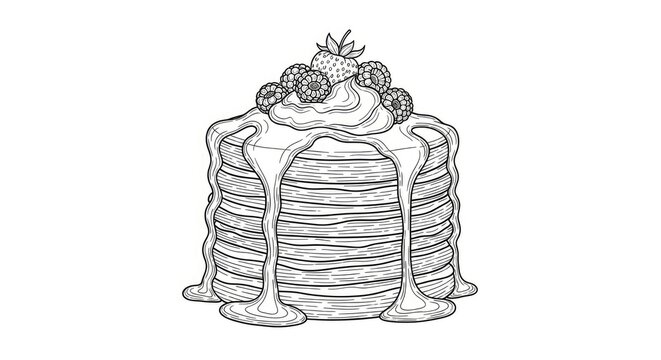 A detailed black and white line drawing depicts a stack of pancakes drizzled with syrup and topped with fresh berries. The pancakes are layered and have a cascading syrup effect.