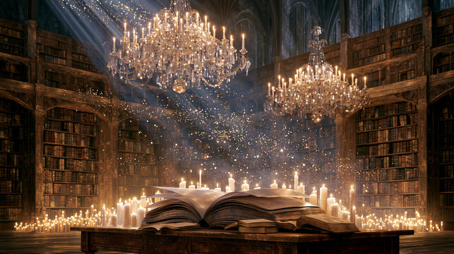 Halloween magic library with ancient spell book glowing among candles in mystical gothic hall