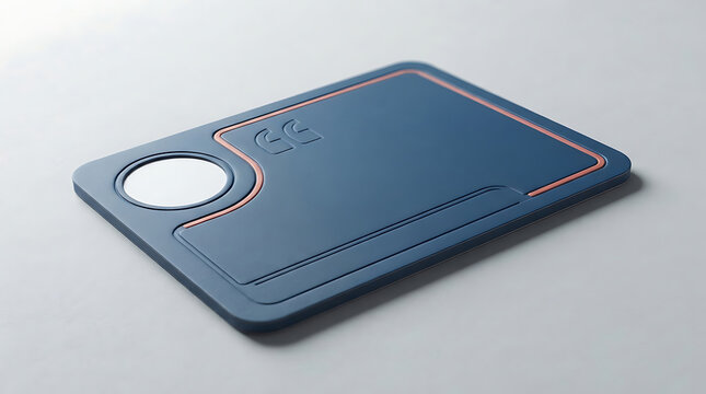 Matte blue rectangular tray with copper trim and circular indentation on a light gray