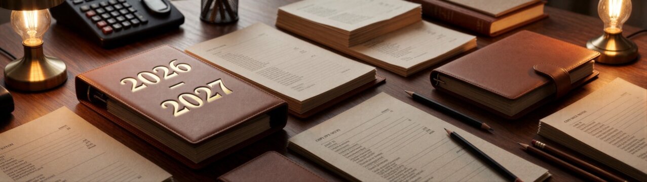 Leather planners and calendars arranged on wooden desk