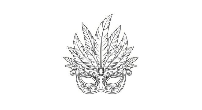 A black and white line drawing depicts a Venetian masquerade mask adorned with a vibrant plume of feathers. The mask features intricate swirling patterns and a delicate, ornate design.