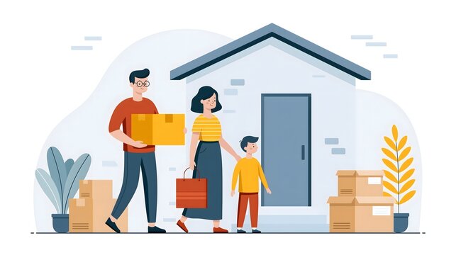 modern flat vector illustration of happy family moving into new house with cardboard boxes, clean real estate vector style