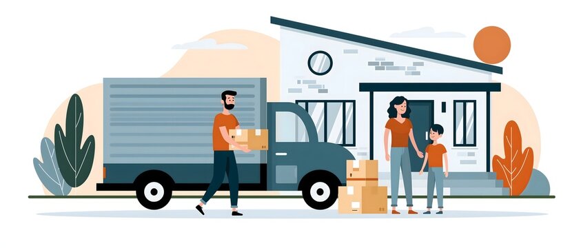flat vector illustration of home relocation, family moving day, cardboard boxes, modern house and home ownership, premium commercial illustration