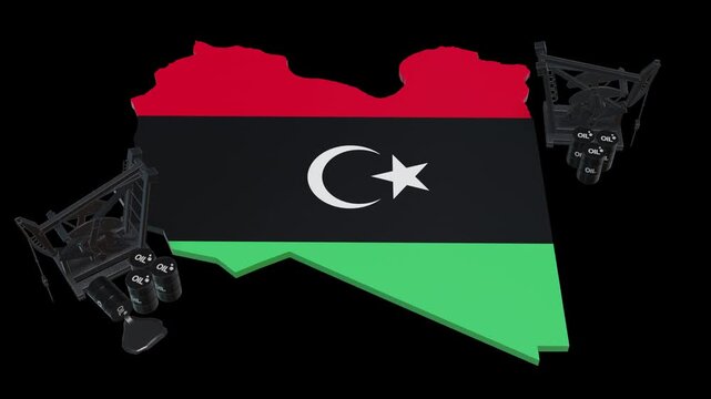 3D Oil Pump Jacks and Barrels on Libya Map Flag &ndash; Energy Industry and Petroleum Production	