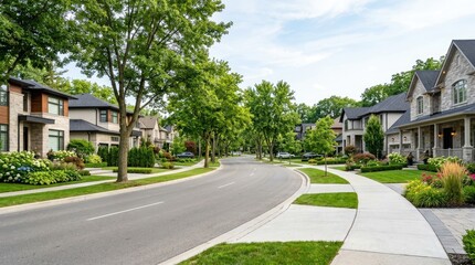 Obraz premium A wide, curving residential street lined with well-maintained houses and lush greenery. Mature trees frame the road, casting shadows on the pavement.