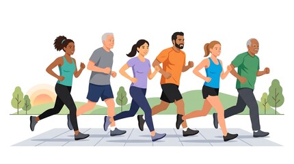 Fototapeta premium Diverse group of people of various ages running and jogging together in a park for healthy lifestyle exercise