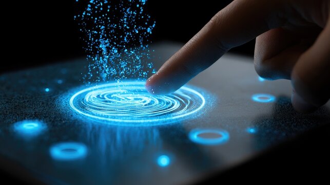 Fingerprint scan glows with blue digital energy, unlocking future technology