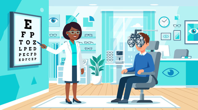 Optometrist with a professional white coat demonstrates an eye exam by pointing to a Snellen chart while a male patient sits in an examination chair wearing a phoropter during a vision test session.