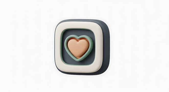Three dimensional app featuring a heart symbol on a dark grey and cream