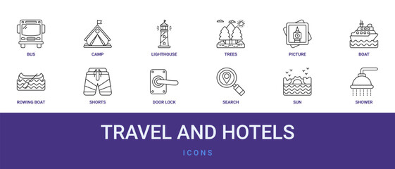 Set of 12 outline web Travel and Hotels icons such as shower, sun, search, door lock, shorts, rowing boat, boat vector icons for report, presentation, diagram, web design, mobile app © Izzat