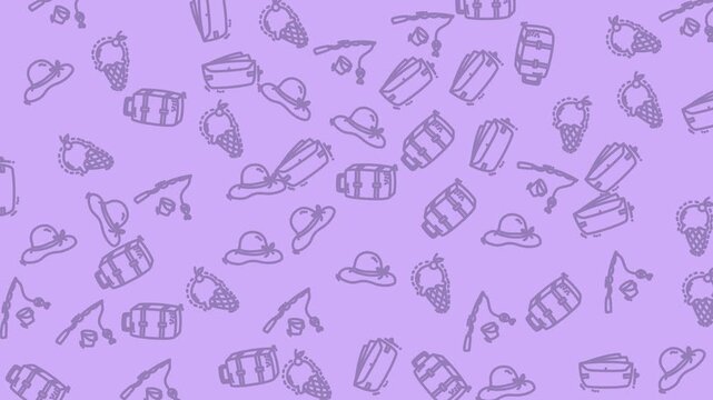 Purple background pattern with repeating summer hats, fishing rods, ice cream cones, and luggage. Perfect for summerthemed designs and travel graphics.