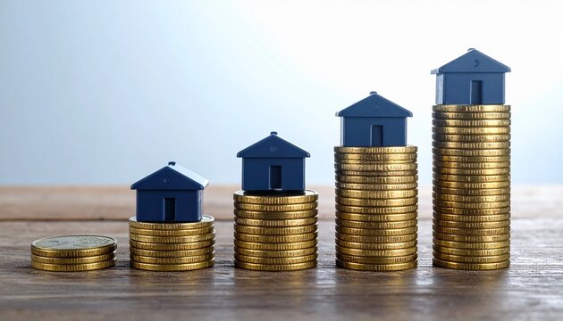 Front View Of Five Stacks Of Gold Coins In Ascending Order Topped With Miniature Dark Blue Toy Houses On A Wooden Table Against A Light Backdrop