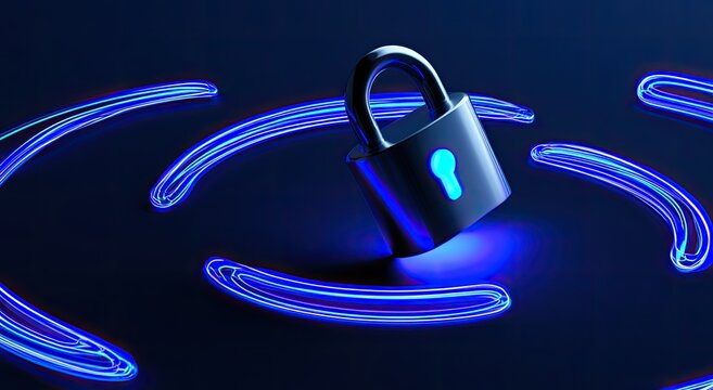 Glowing blue lines circle a sleek metal padlock with illuminated keyhole
