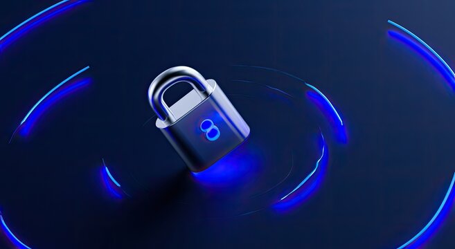 Metallic padlock with glowing blue digital infinity symbol on dark background