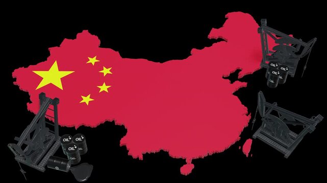 3D Oil Pump Jacks and Barrels on China Map Flag &ndash; Energy Industry and Petroleum Production	