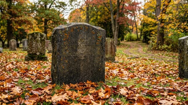 A weathered gray tombstone stands prominently in an old cemetery surrounded by fallen autumn leaves. The stone bears the inscription "SARAH MATTHEWS 1835-1893" carved into its surface.