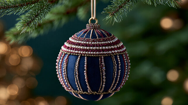 Elegant handcrafted blue Christmas bauble ornament hanging on fir tree branch with festive lights, luxury holiday decoration close up