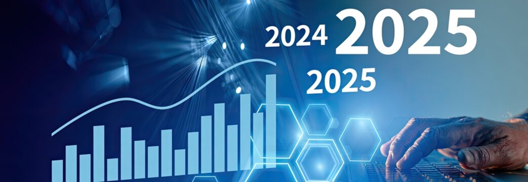 Glowing blue graph overlays digital hexagons and dates 2024, 2025