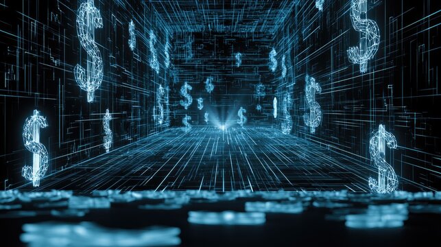 Digital tunnel of glowing dollar signs and abstract data streams