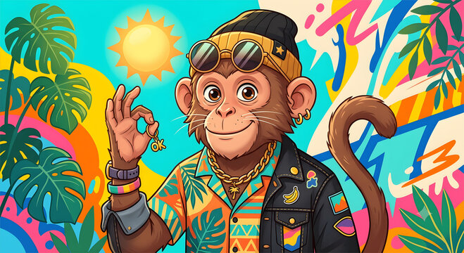 Cool trendy monkey character wearing sunglasses, generative AI