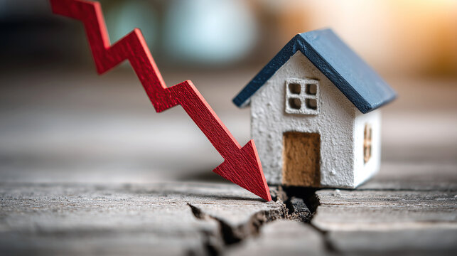 A cracked toy house sitting on a wooden surface with a red downward-pointing arrow. Concept of real estate depreciation, falling home prices, and market instability.