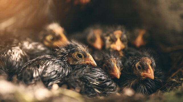 Newly hatched chicks huddled together in nest, soft downy feathers, intimate scene.