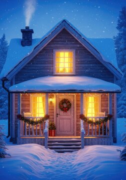 A cozy cottage nestled in soft snow at dusk, glowing with warm yellow window lights and colorful festive decorations on the front porch, serenity, holiday, snowy