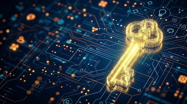 Golden glowing key unlocking a futuristic digital network of glowing nodes and data streams golden key
